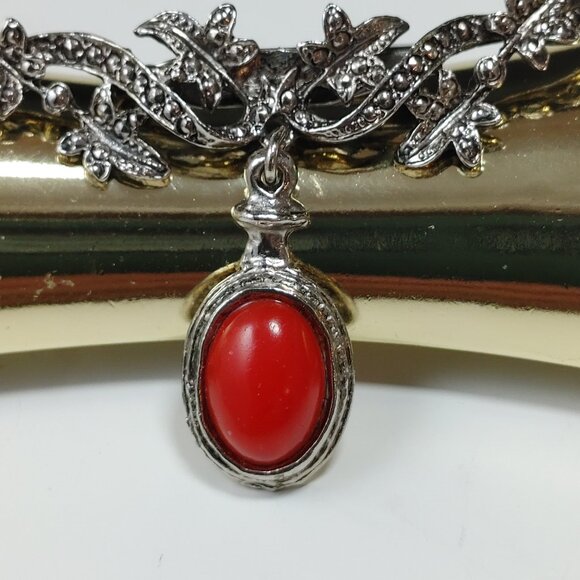 Antique Red Carnelian Stone Brooch or Hat Jewelry Silverplated in Bezel Setting - Picture 1 of 10